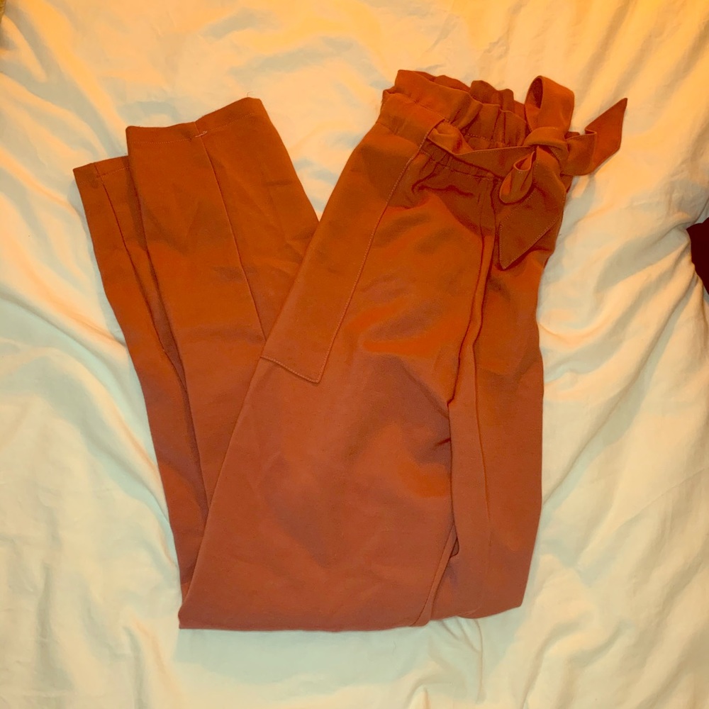 Mauve Pink Paper bag Ankle Pants w/ tie waist